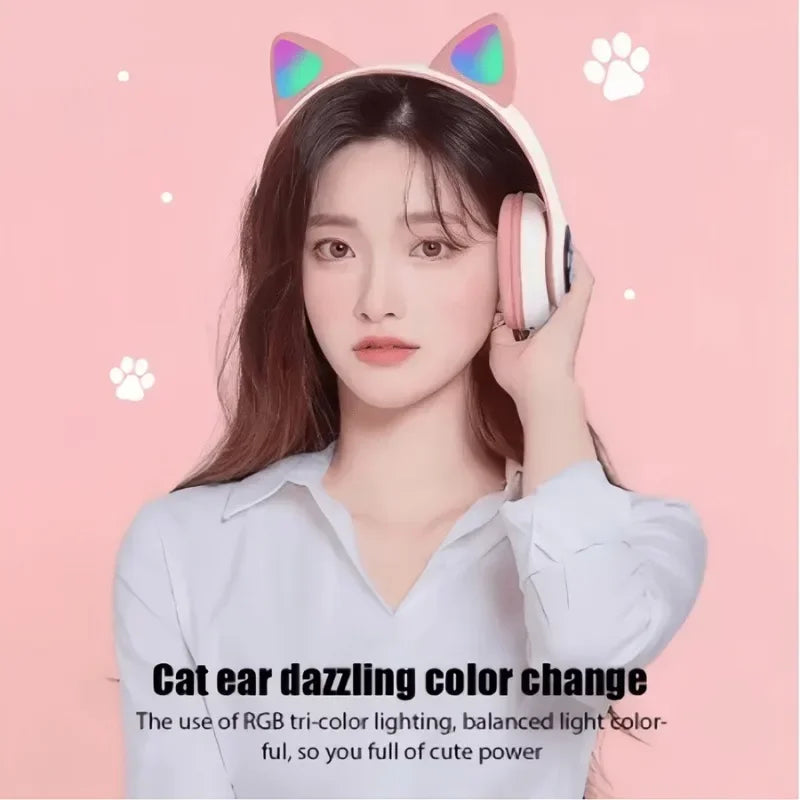 Cute Cat Wireless Headphones RGB Cute Cat Ears Headset With Microphone Noise Cancelling Kid Stereo Music Children's Gifts