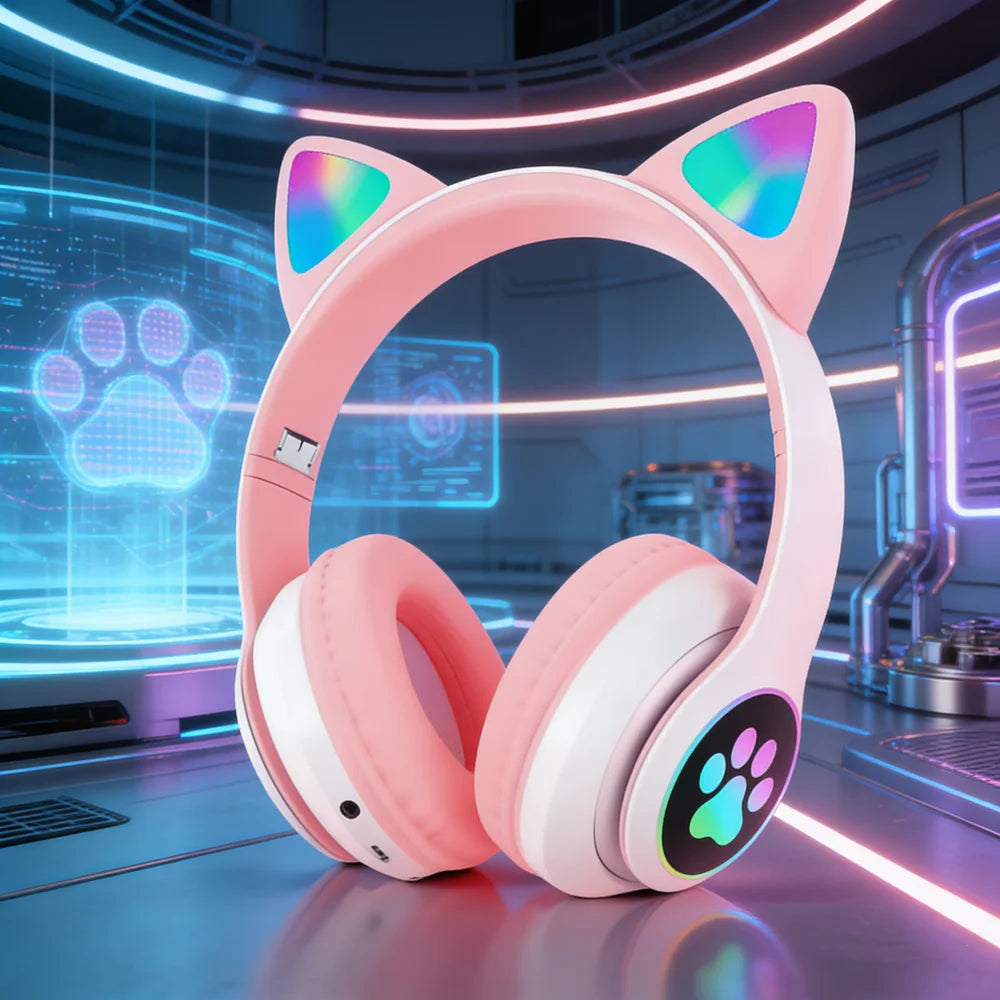 Cute Cat Wireless Headphones RGB Cute Cat Ears Headset With Microphone Noise Cancelling Kid Stereo Music Children's Gifts