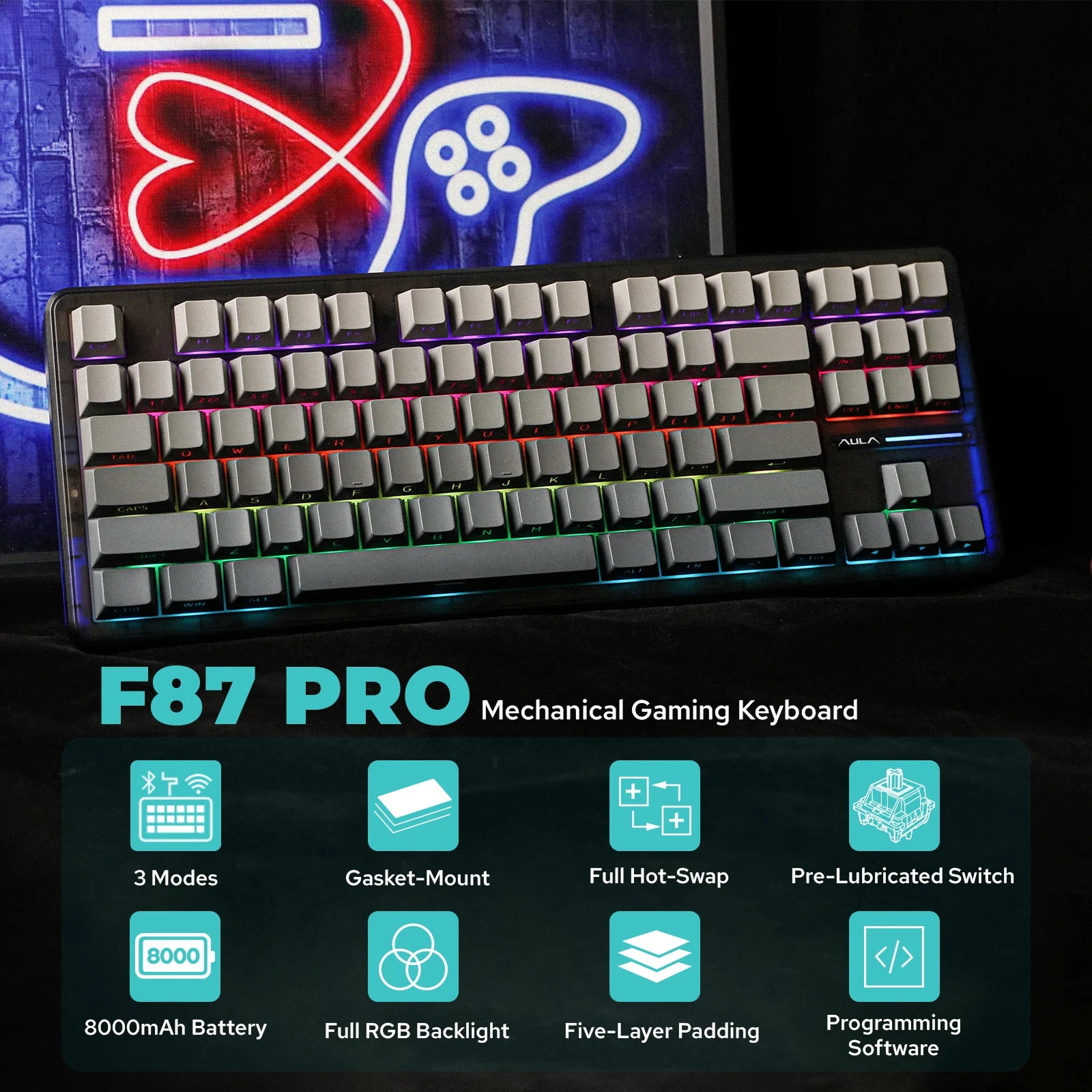 EPOMAKER x AULA F87 Pro 87-Key Hot-swappable Mechanical Keyboard Bluetooth 5.0/2.4G Wireless/Wired Gasket-Mount for Mac/Win