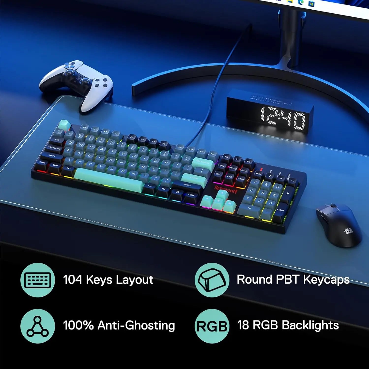 Redragon SE Wired RGB Gaming 104 Keys Mechanical Keyboard Mixed Color Round PBT Keycaps, Dynamic 16.8M RGB