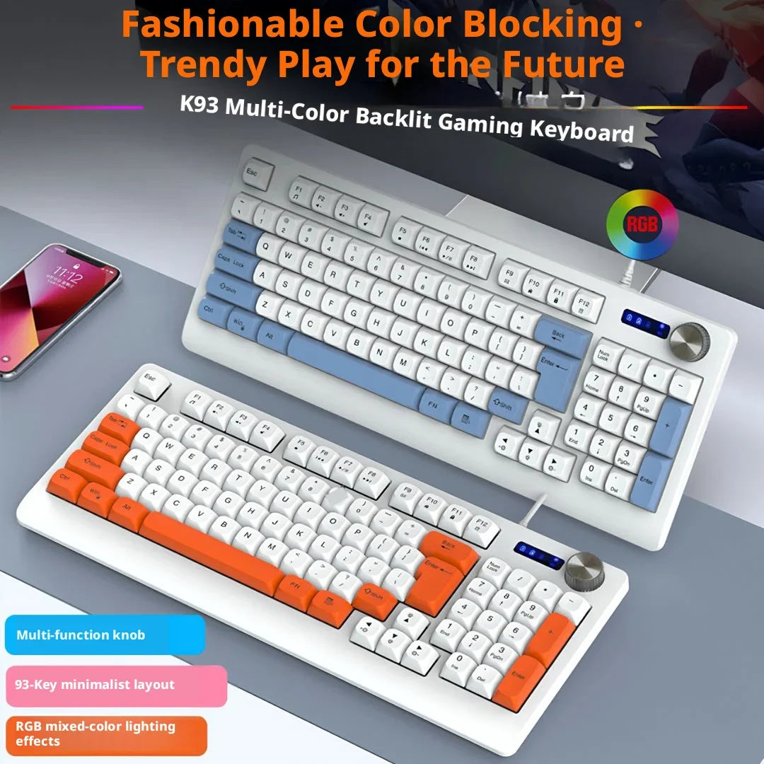 93 Keys Wired RGB Gaming Keyboard Two Tone PBT Ball Keycaps Mechanical Feeling Portable Keyboard for Laptop Office Gamer Typing