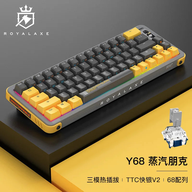 ROYAL AXE Y68 Keyboard Gaming Mechanical Keyboard hot swappable PCB RGB switch lighting type c 2.4G BT 3 Mode Wireless