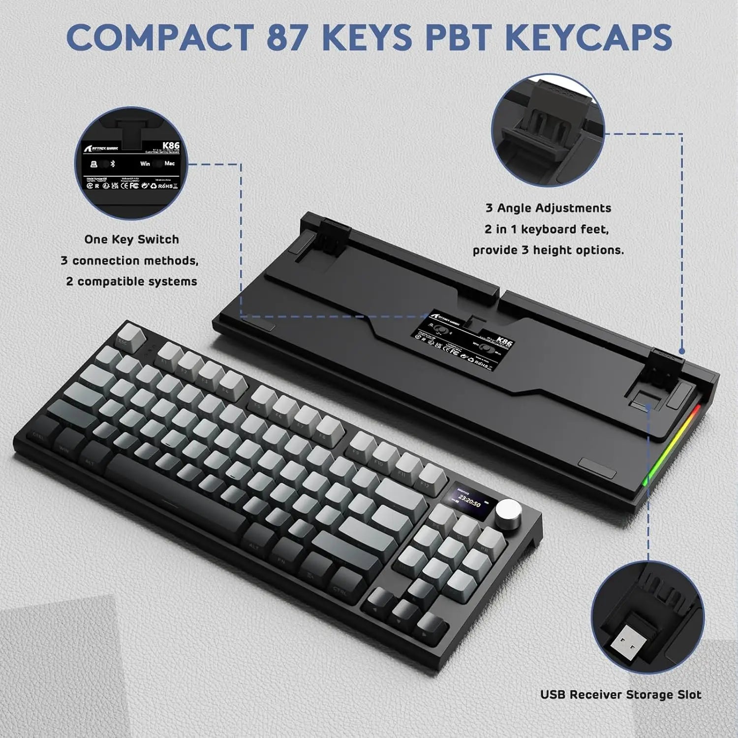 ATTACK SHARK K86 RGB 75% Wireless Gasket Mechanical Keyboard,3-Mode Bluetooth5.0/2.4G/USB-C Hot Swappable Gaming Keyboard