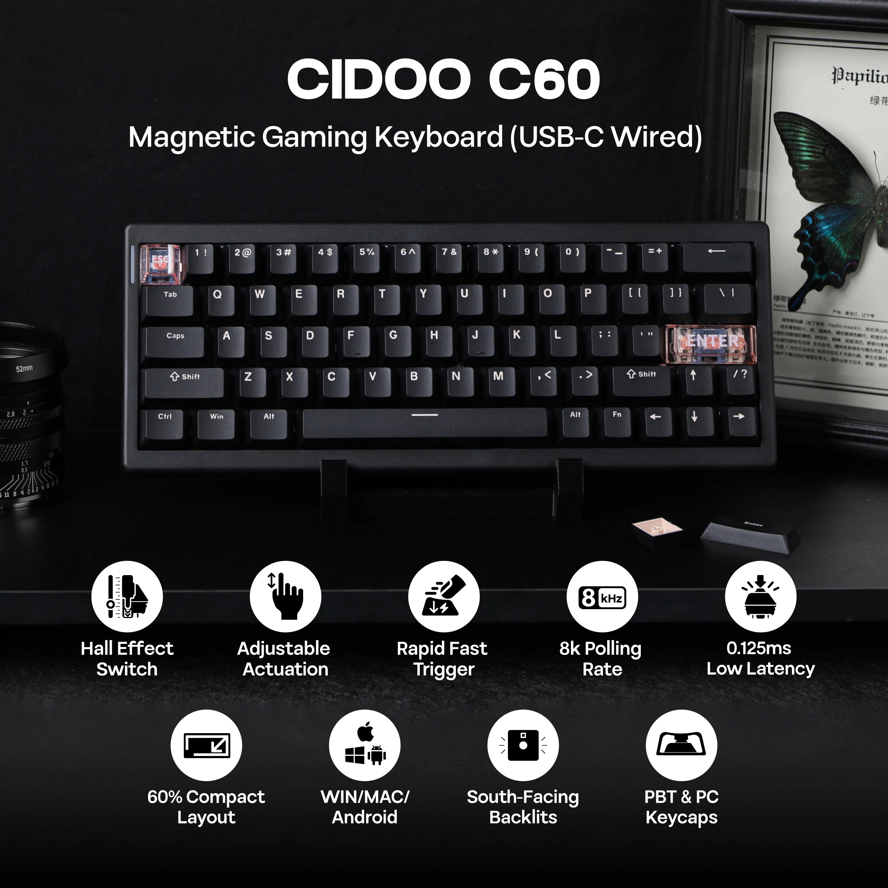 CIDOO C60 HE 63-Key Compact Layout Hot-Swap Wired Gaming Keyboard with Hall Effect Magnetic Switch RGB Backlight 8K Polling Rate