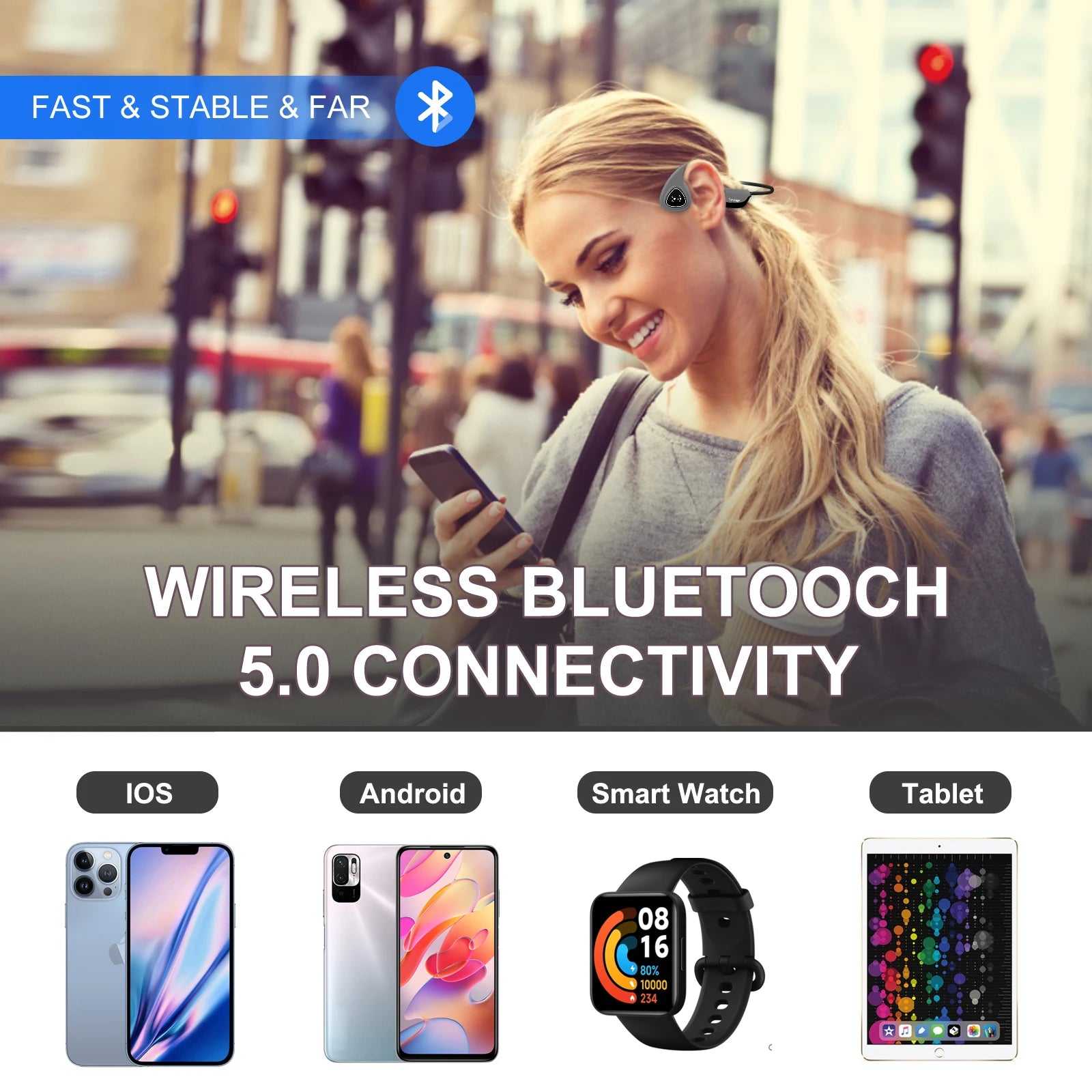 Tayogo Bone Conduction Headphones, Wireless Bluetooth Bone Conducting Earbuds, Open Ear Headset with Mic