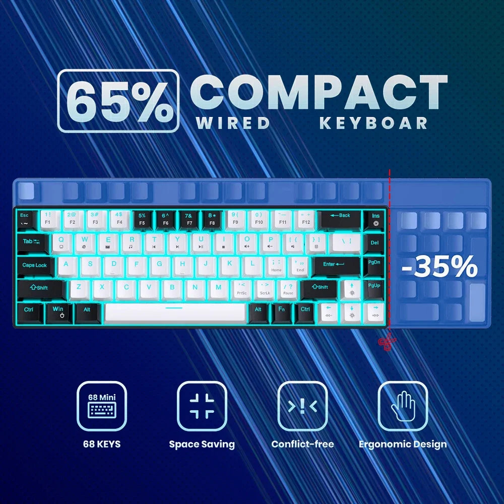 Mechanical keyboard gamer 60% mini keyboards gaming 68 keys backlit wired Portable USB key board pc teclado white black claviers