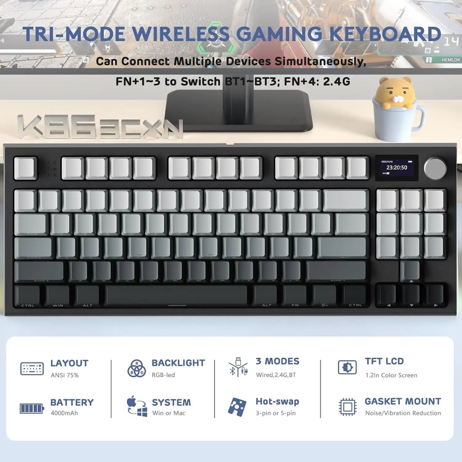 ATTACK SHARK K86 RGB 75% Wireless Gasket Mechanical Keyboard,3-Mode Bluetooth5.0/2.4G/USB-C Hot Swappable Gaming Keyboard
